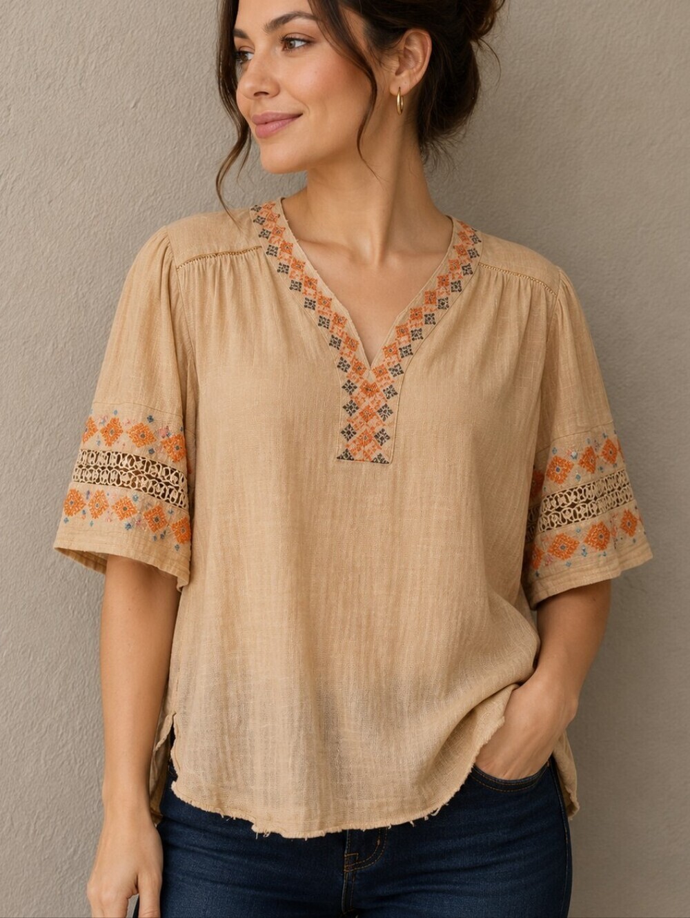 Cream Embroidered Raw Hem Boho Cotton Swing Festival Tunic